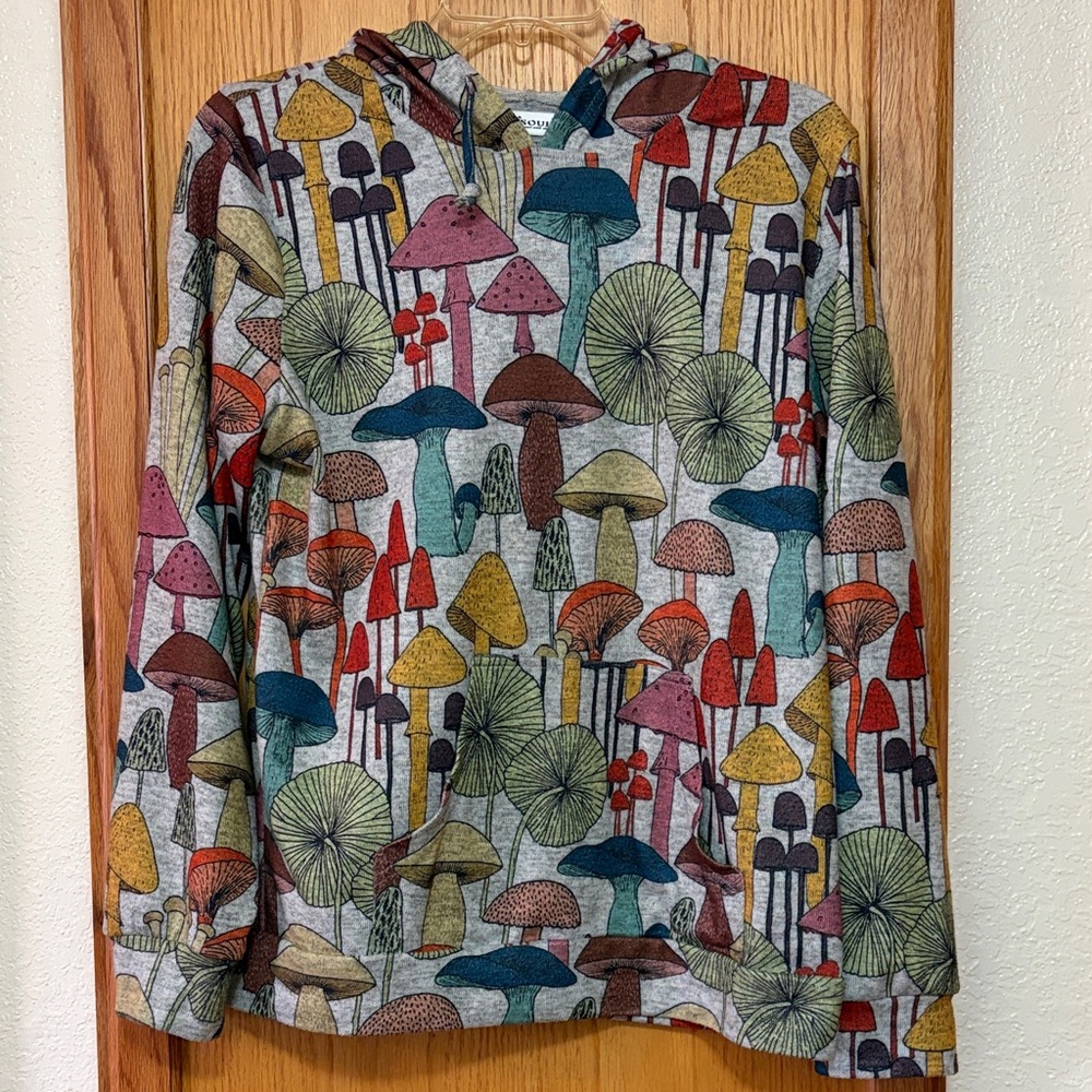 Mushroom Print Hoodie Sweatshirt Colorful Gray Soft Cozy Psychedelic